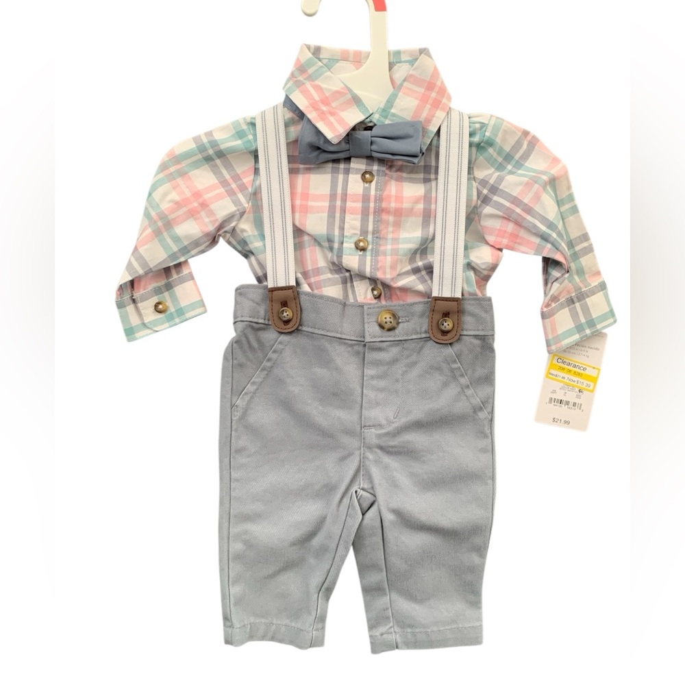 Carter's Newborn Pastel Plaid Bodysuit with Gray Pants & Suspenders